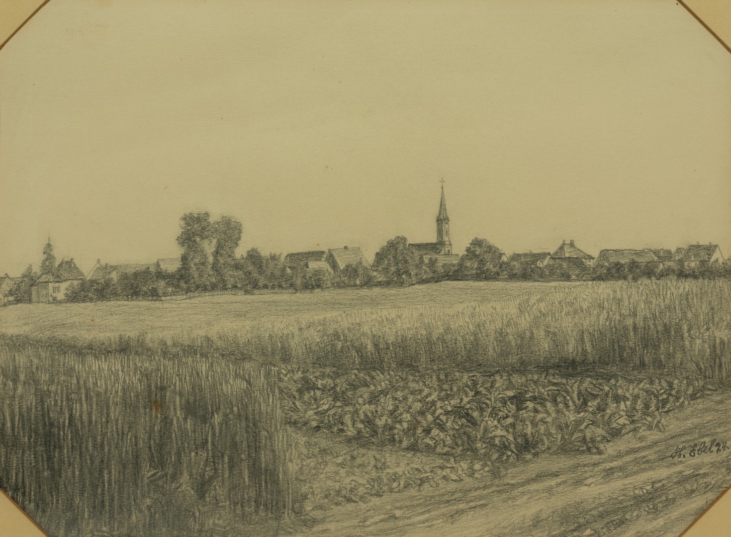 Village de Fegersheim, crayon sur carton, 24 x32 cm, collection particulire.