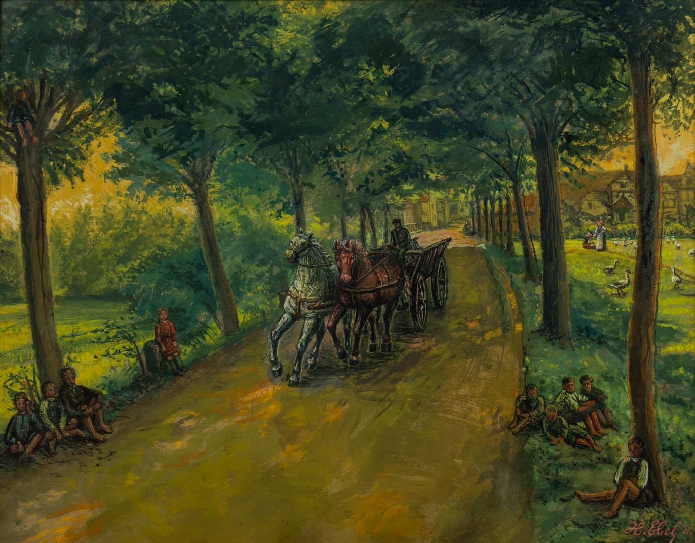 Attelage et enfants au bord du chemin, 1921, tempera sur carton, 34x46 cm, collection particulière.