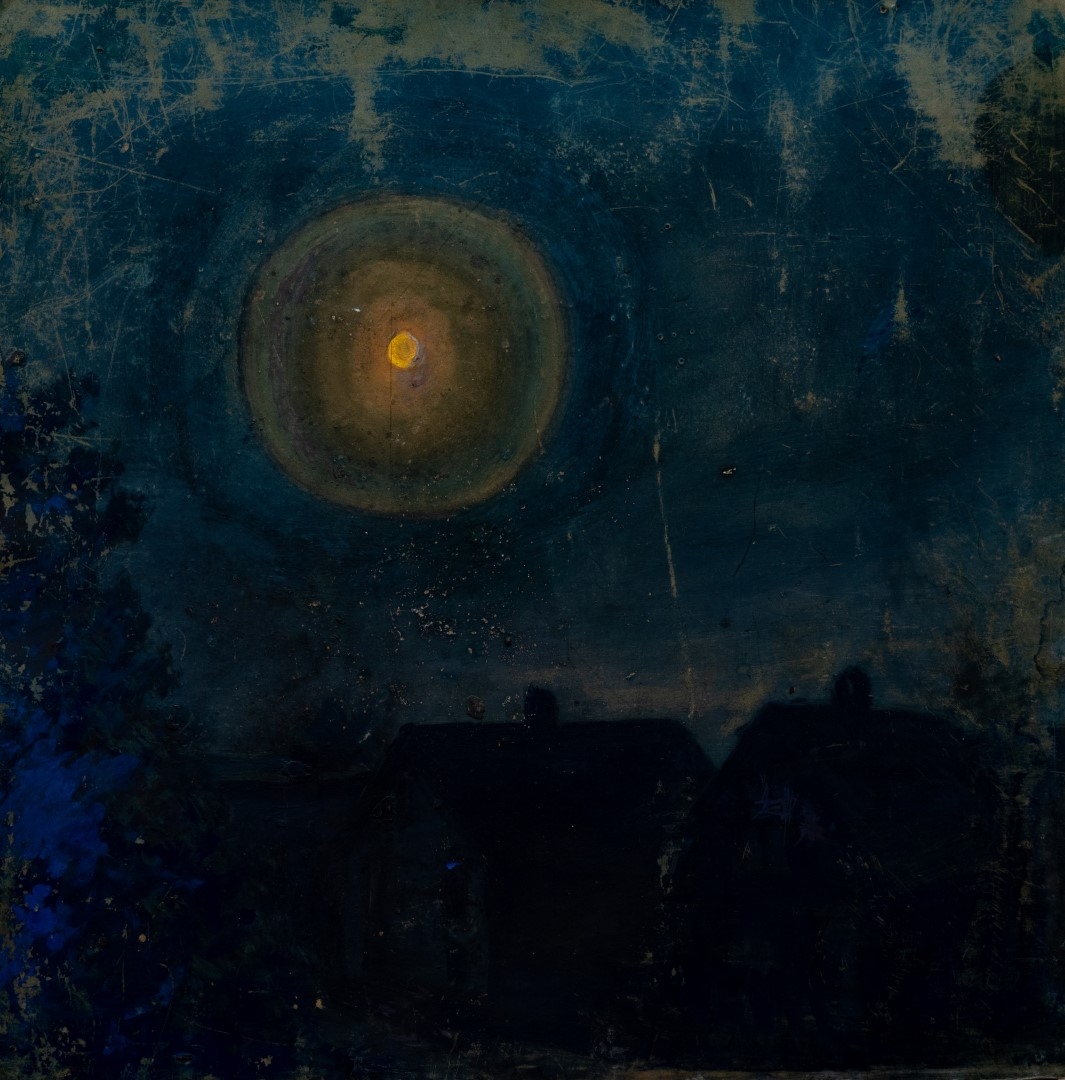 Clair de lune avec halo, tempera sur carton, non daté, non signé, sans cadre, 67x66 cm,  sans doute essai, collection particulière