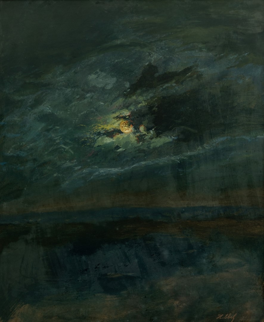Clair de lune entre nuages, tempera sur carton, 36x 33cm, collection particulière.