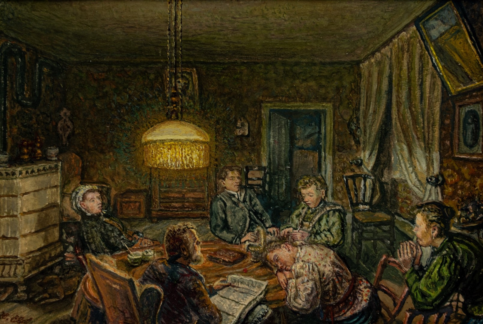  Famille sous la lampe électrique , tempera sur carton ,16x23 cm, collection particulière