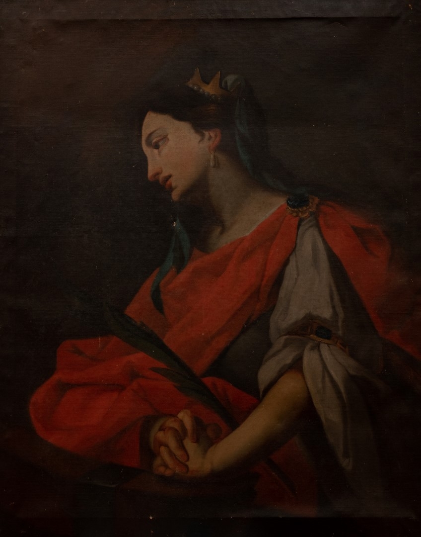 Femme (sainte ?) portant une tunique rouge, tempera sur carton, auteur non certain, collection particulière.