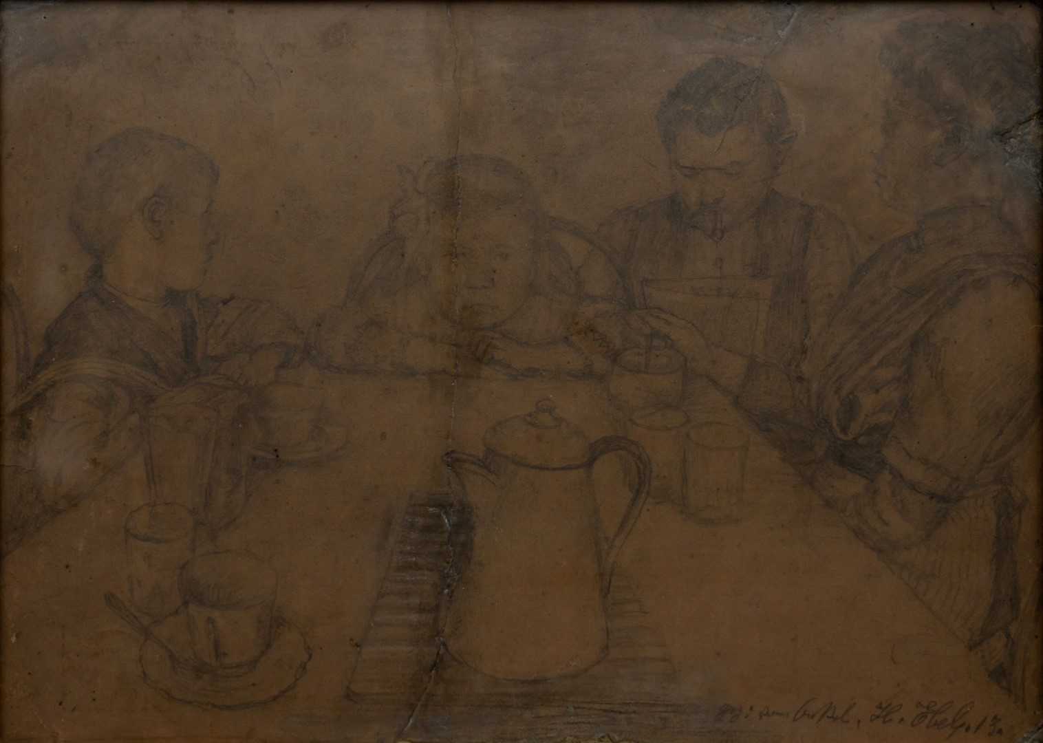la famille  table, 1913, dessin au crayon, collection particulière.
