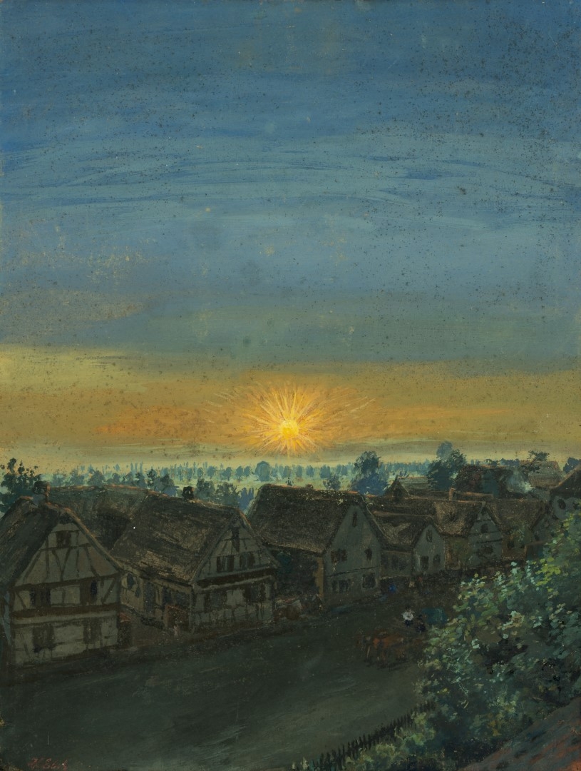 Lever de soleil sur Fegersheim, tempera,46x36 cm, collection particulière.