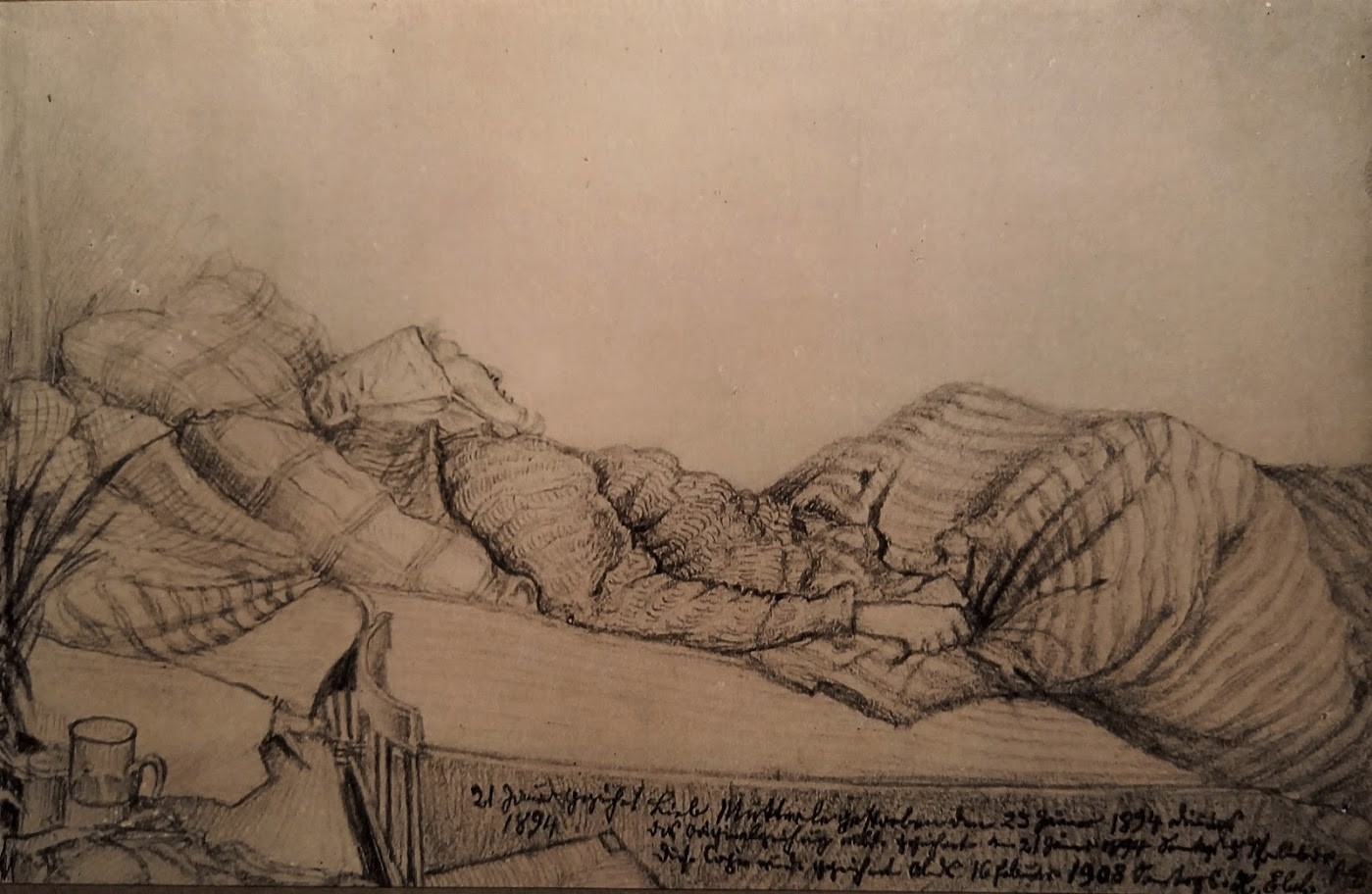 Mère d'Henri Ebel-mourante, crayon sur carton, 18x12-cm, dessin original du 21 janvier 1894, copie du 16 février. 1908, collection particulière