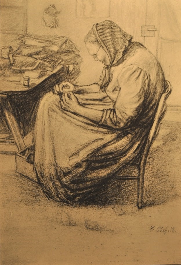 Vielle femme lisant la bible, crayon sur papier,18x12cm, collection particulière.