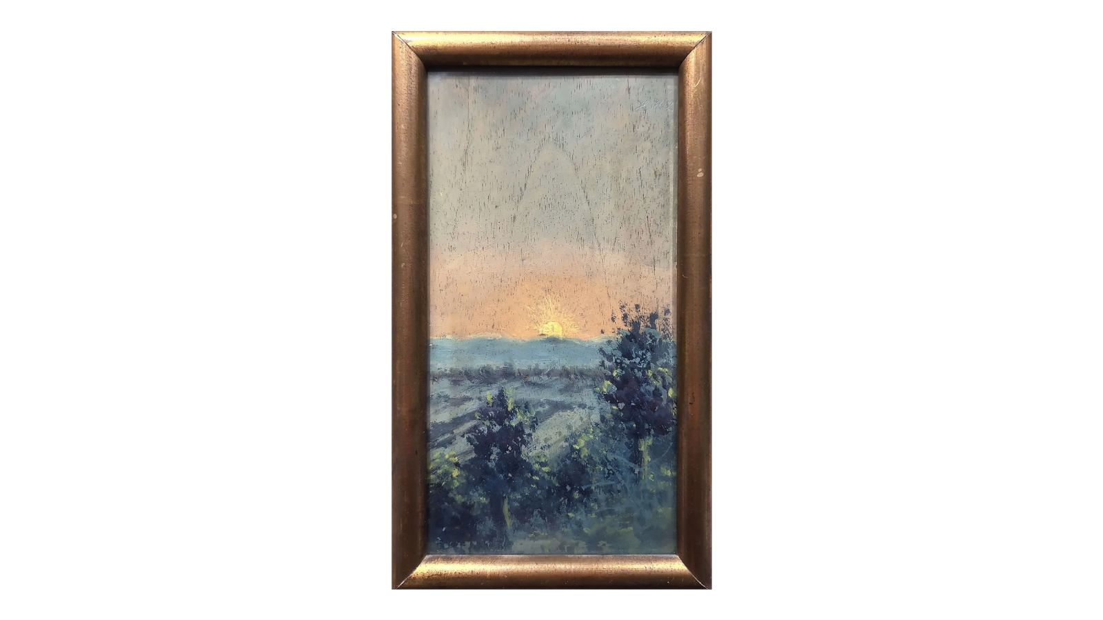 218 coucher de soleil, huile su panneau,22x11.5, hôtel vtes du 31-10-26
