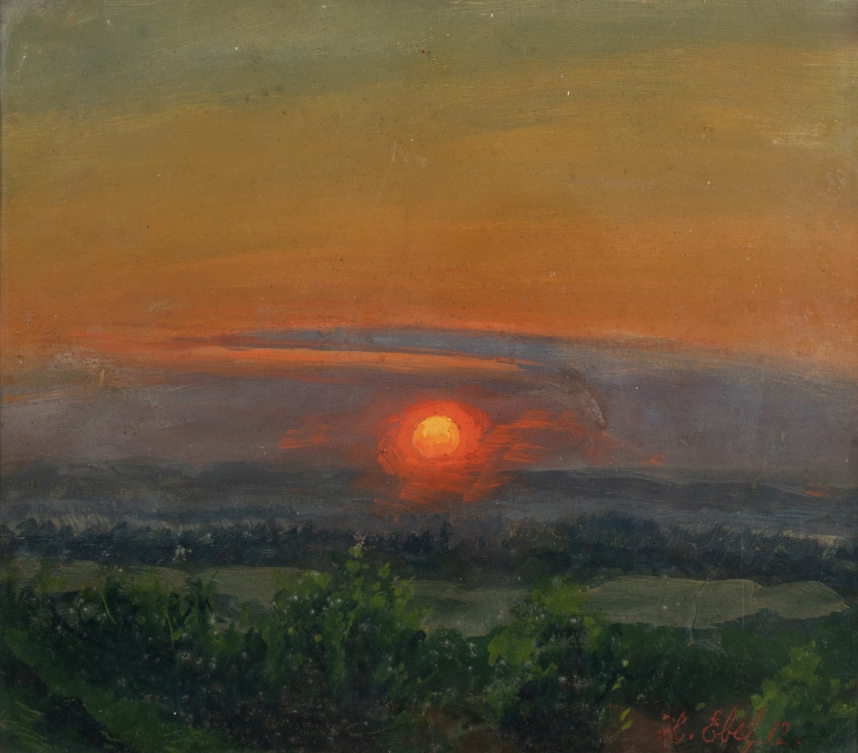 Coucher de soleil incandescent, tempera sur carton, 1912, 35x40 cm, collection particulière