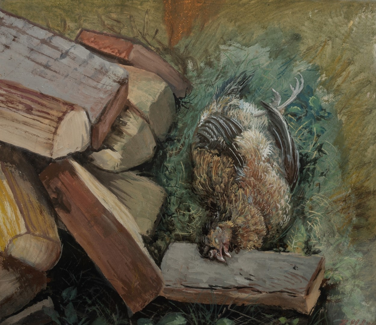 Poule écrasée par une buche, 1904, tempera sur carton, 42x49 cm, collection particulière.