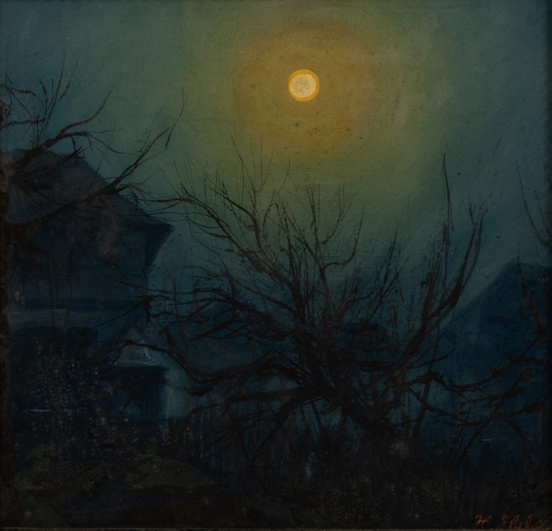 Lune pleine sur jardin en hiver,1906, tempera sur carton, 32,5x33,5 cm, collection particulière.