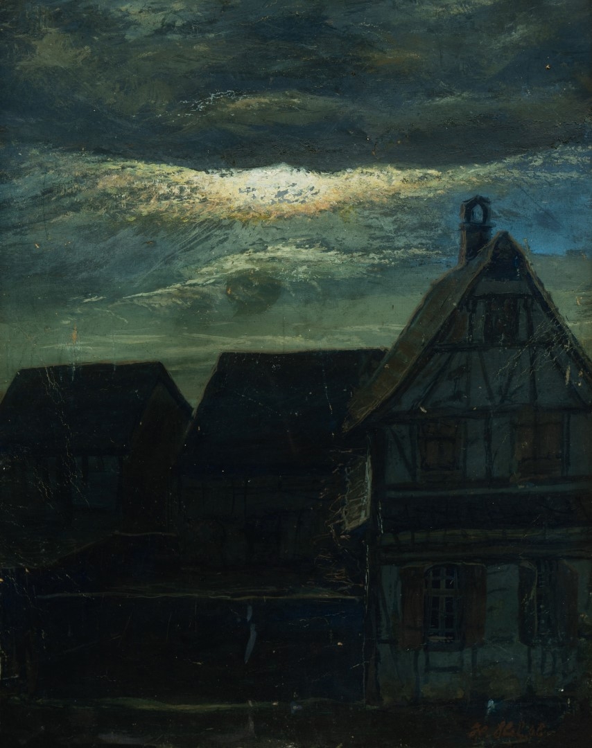 Clair de lune sur maison alsacienne,1906, tempera sur carton, 45x35 cm, Collection particulière.