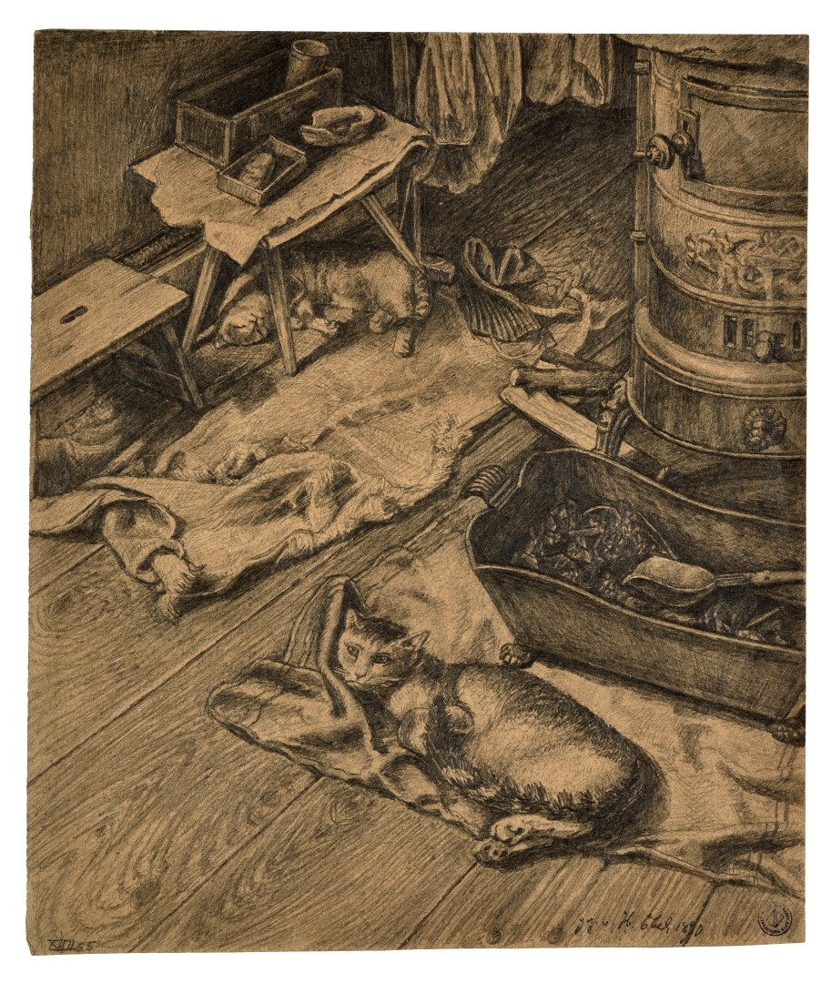 Intérieur du peintre avec chats, dessin sur carton, Musées de Strasbourg, photo M. Bertola