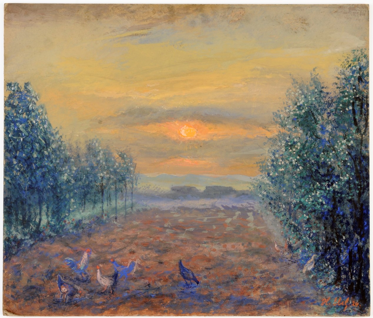 Poules dans les champs au soleil couchant, 1924, tempera, musées de Strasbourg, photo M. Bertola.