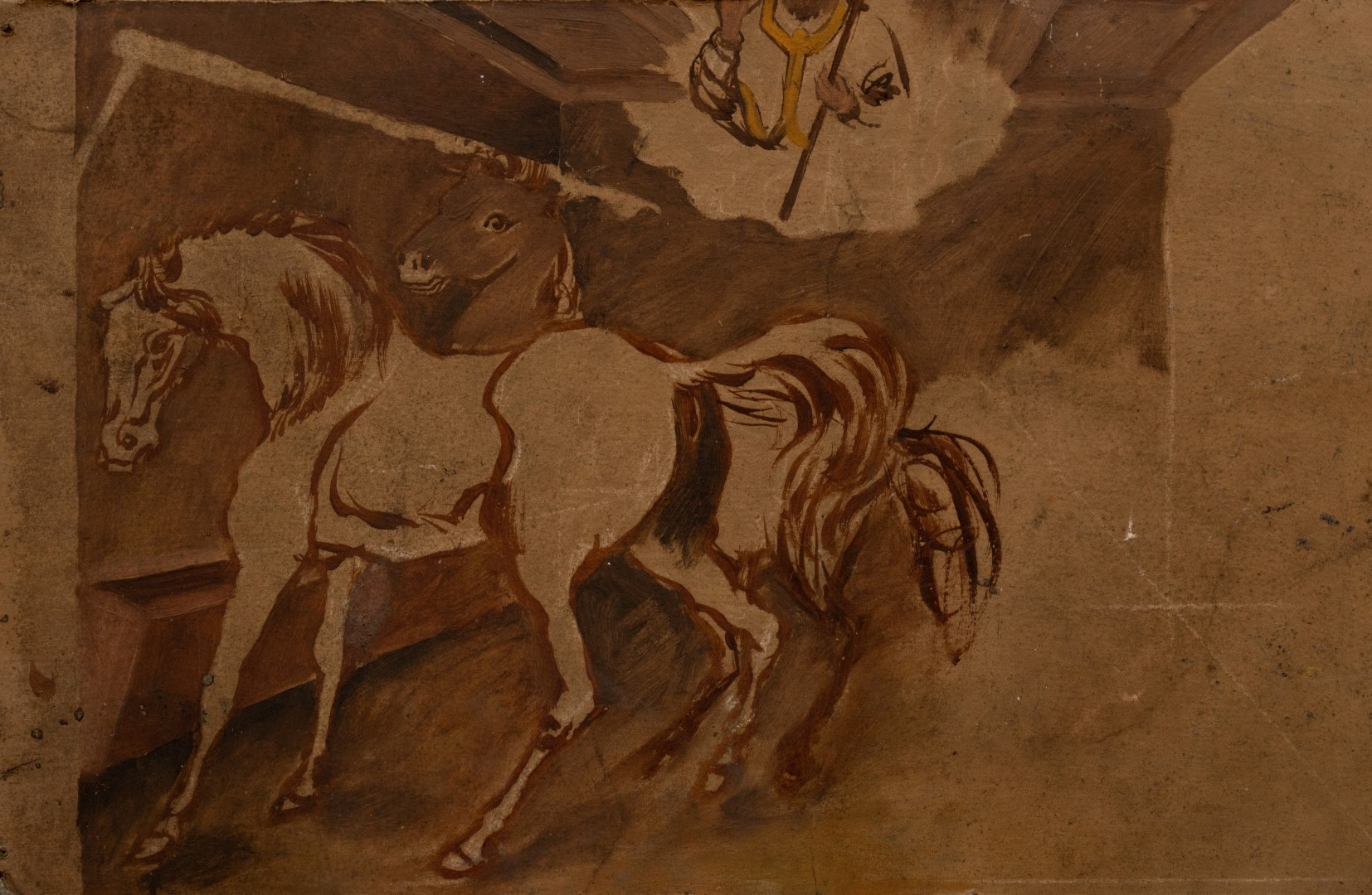  Chevaux dans écurie, crayon sur carton (au dos, dessin de la vierge), esquisse au crayon et tempera sur carton, collection particulière