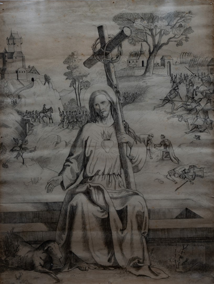 Christ avec croix,, crayon sur papier, 70x50 cm, collection particulière, auteur non certain