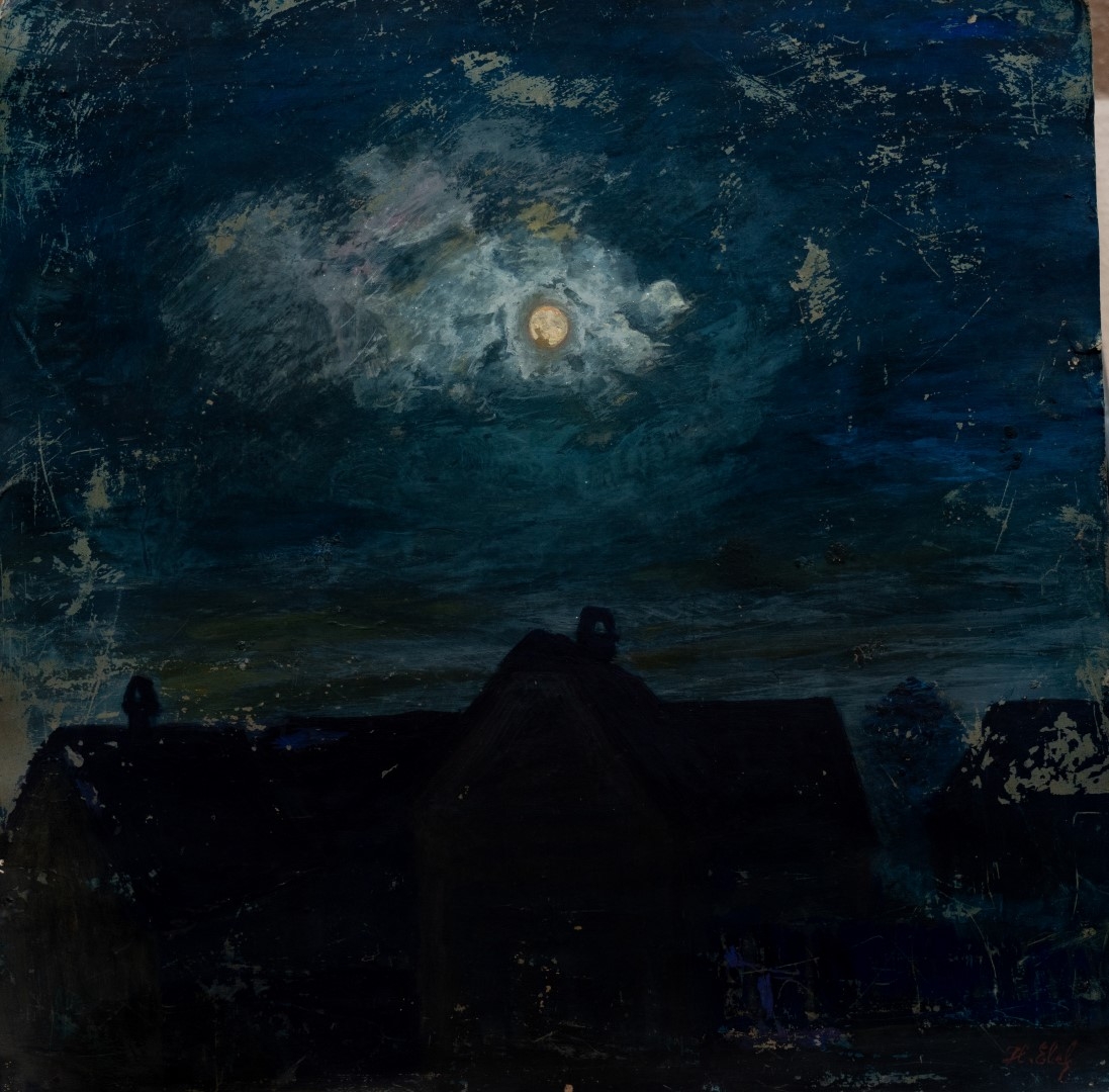  Clair de lune au-dessus d'un village, tempera sur carton, non signé, non daté, sans cadre, sans doute essai, collection particulière