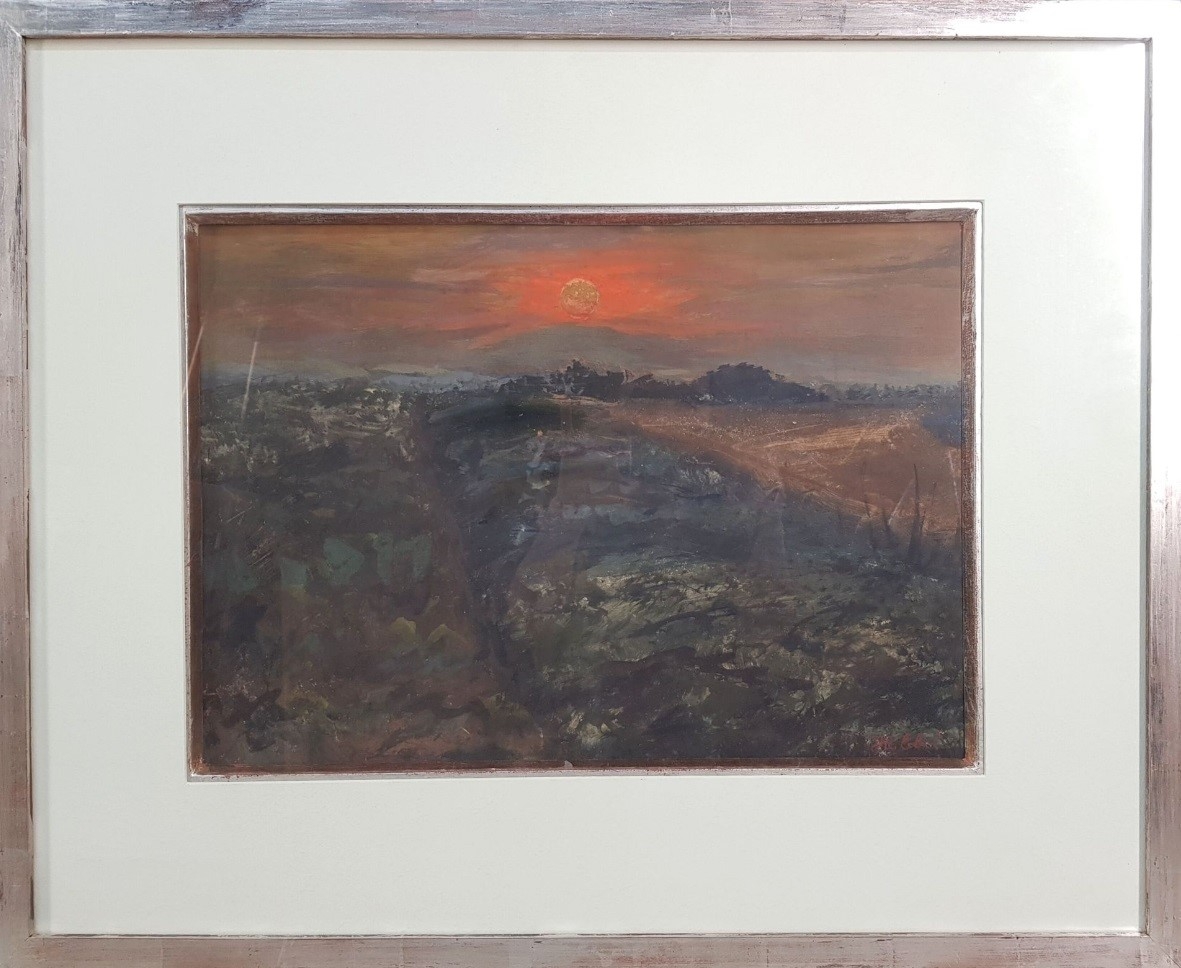 coucher de soleil, tempera, 31.5x45 cm, photo hôtel des ventes des notaires.