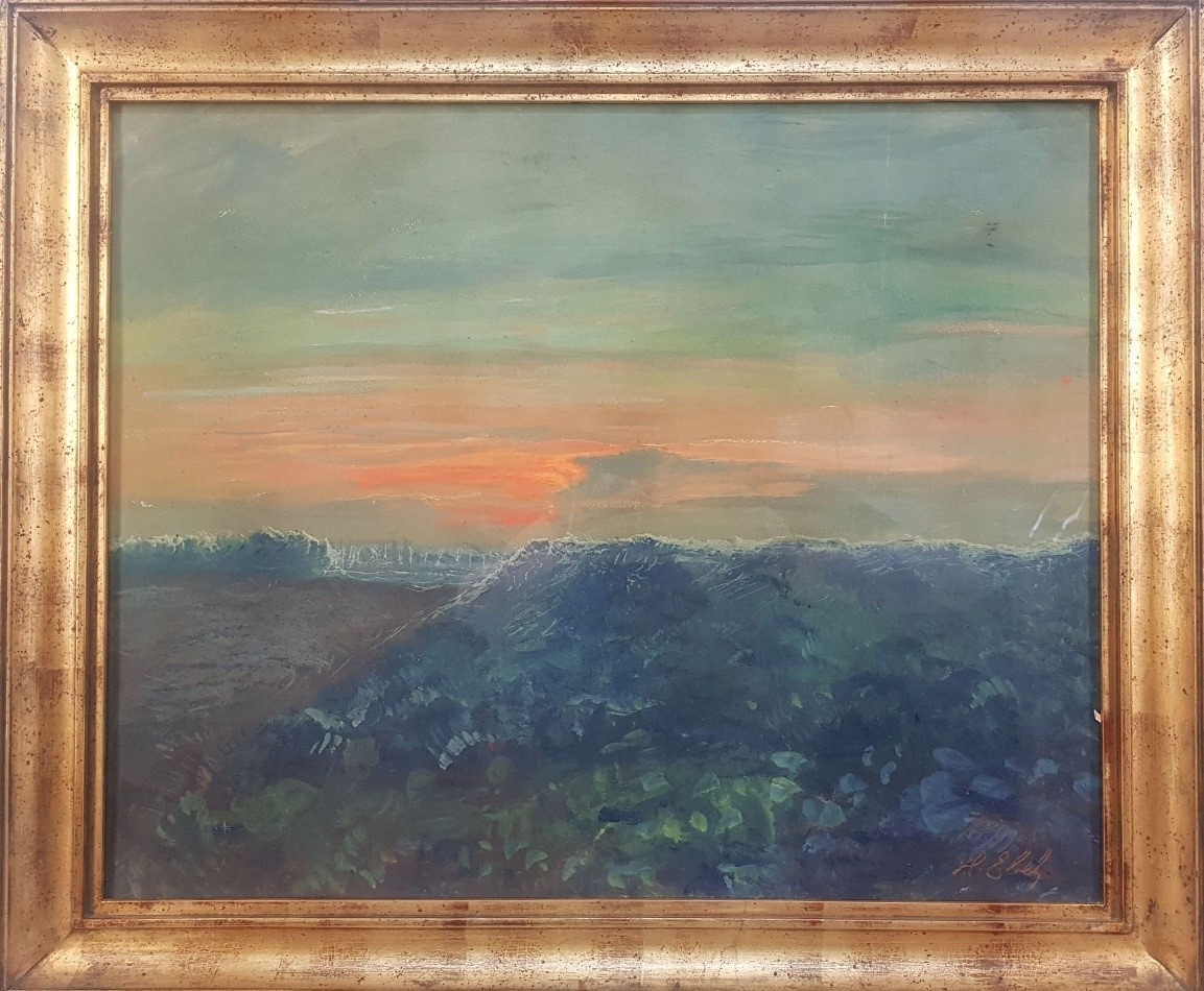 Coucher de soleil, tempera, 48x59 cm, photo tel des vente des notaires