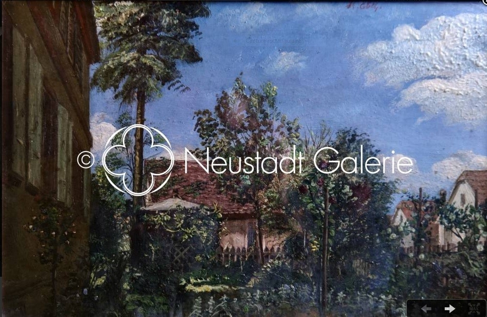 Le jardin  l'avant de la maison, huile sur carton, 26x40 cm,  source: Neustadt Galerie.