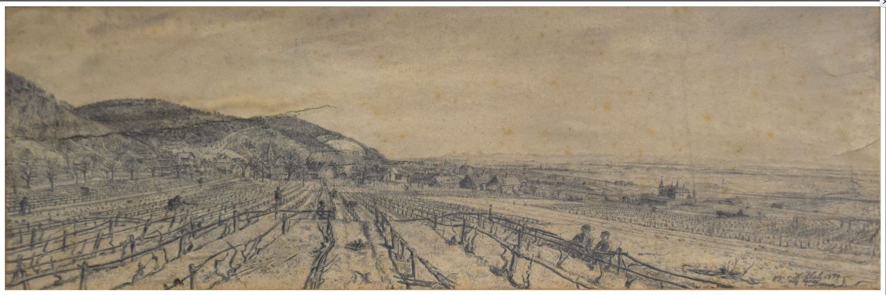 Gimmeldingen, village natal d'Ebel, 1894, dessin, vue générale) 15x45 cm source Karnerz Art Luxembourg.