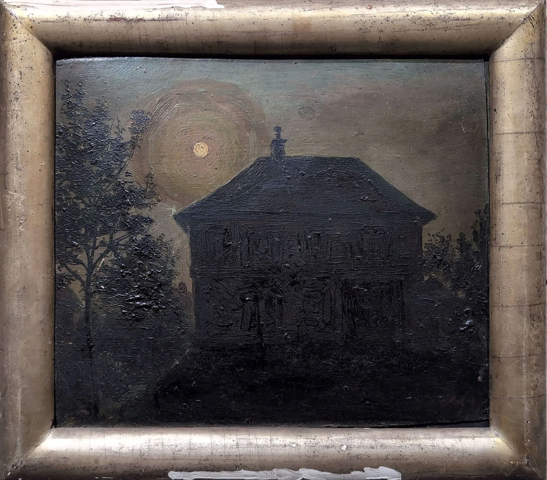 Maison dans la pénombre, huile sur panneau, 26x30, hôtel des vente des notaires