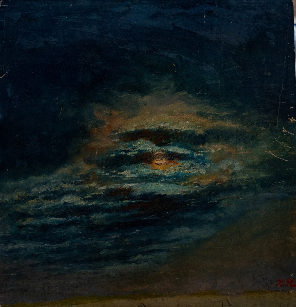 Clair de lune entre nuages, tempera sur carton, 36x 33 cm, non signé, sans cadre, sans doute essai,  collection particulière