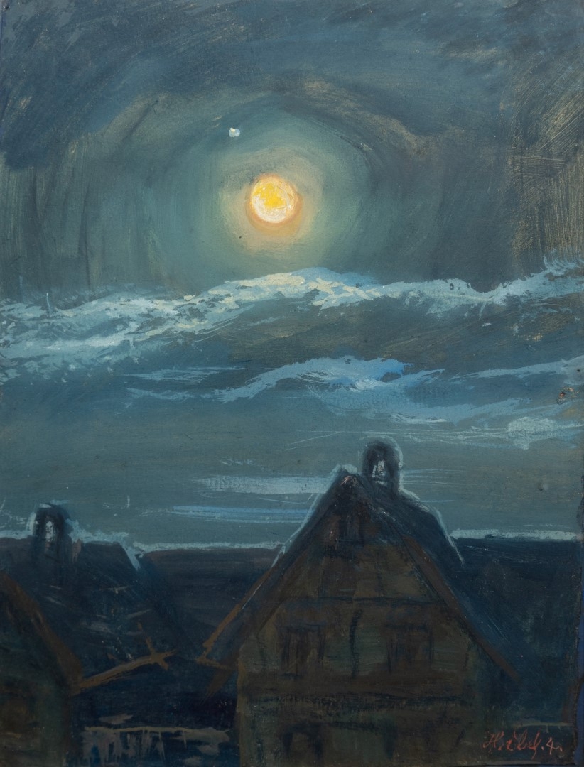 Clair de lune sur maison en face,1904, tempera sur carton,  36x28 cm, collection particulière.