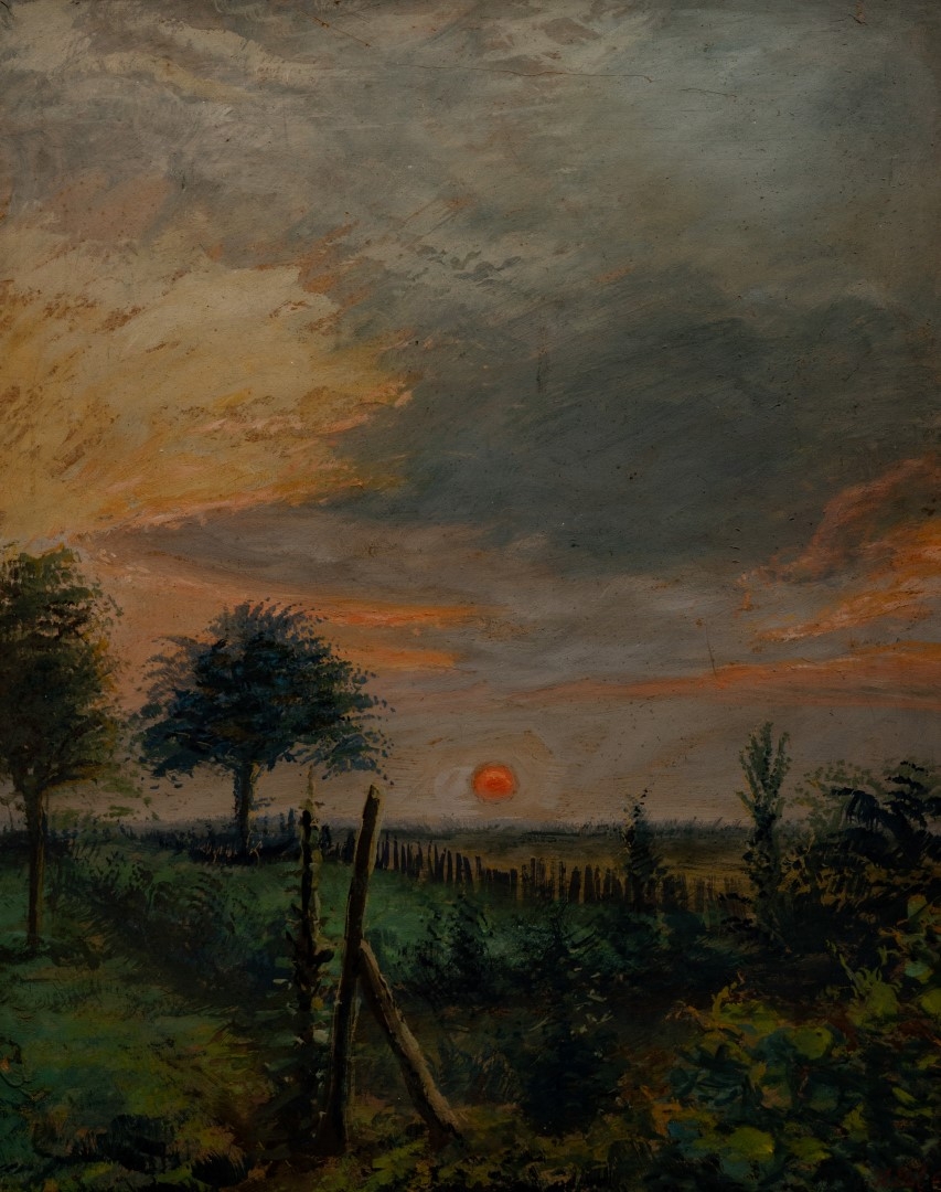 Coucher de soleil derrière clôture en bois,1906, tempera sur carton, 92x74 cm, collection particulière.