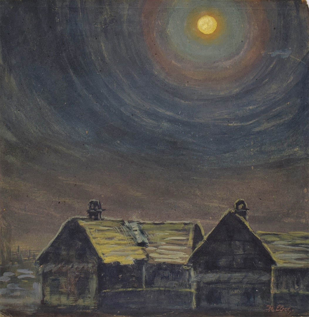 Clair de lune en paysage d'hiver, tempera, 32x21 cm , photo Karnerz art Luxembourg.