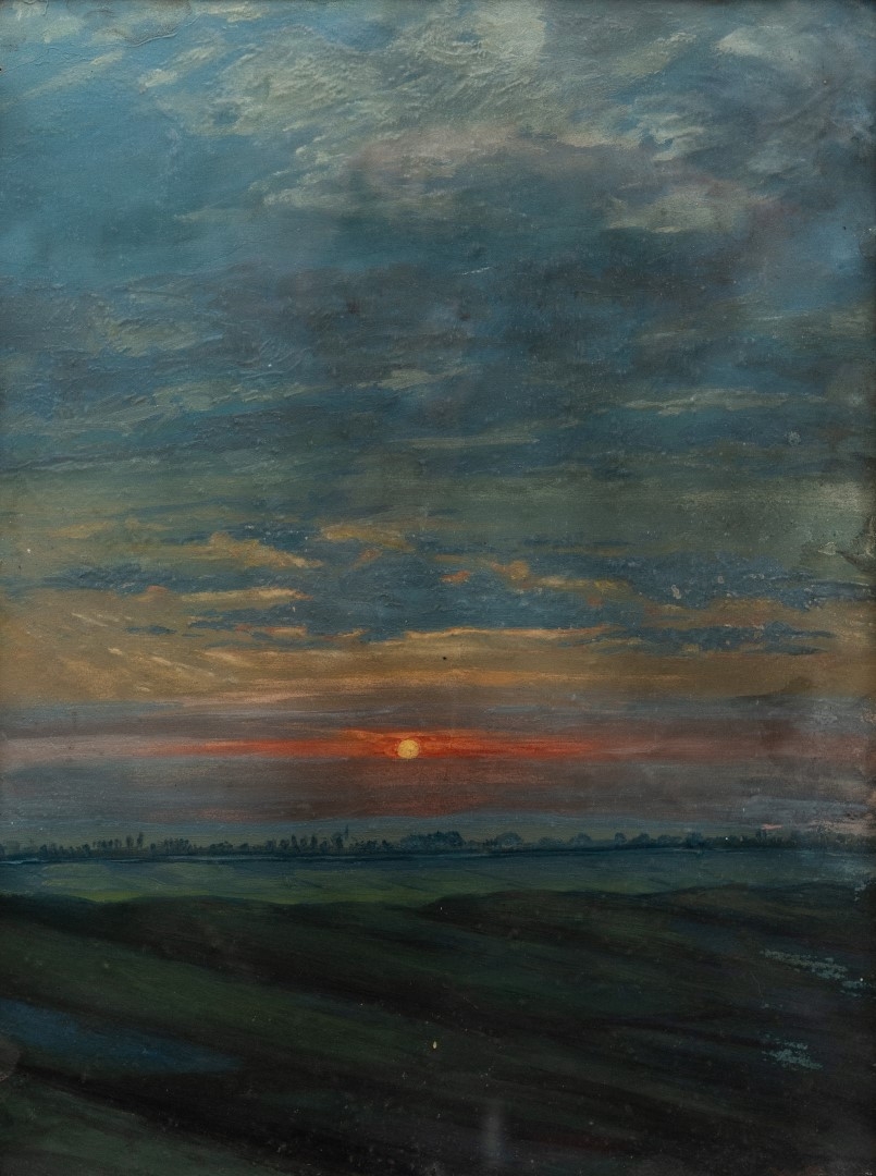 Coucher de soleil sur labours, tempera sur carton, 49x37 cm, collection particulière.