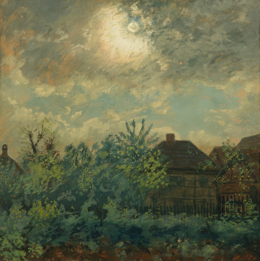 Maison dans jardin sous soleil voilé, 1910, tempera, collection. part.
