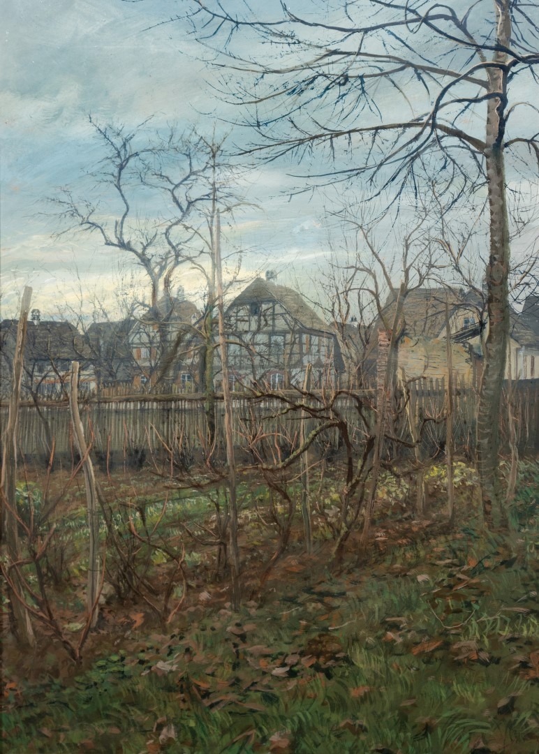 Rue de Fegersheim vue du jardin en hiver, date illisible, tempera  sur carton,  70x51cm, collection particulière.