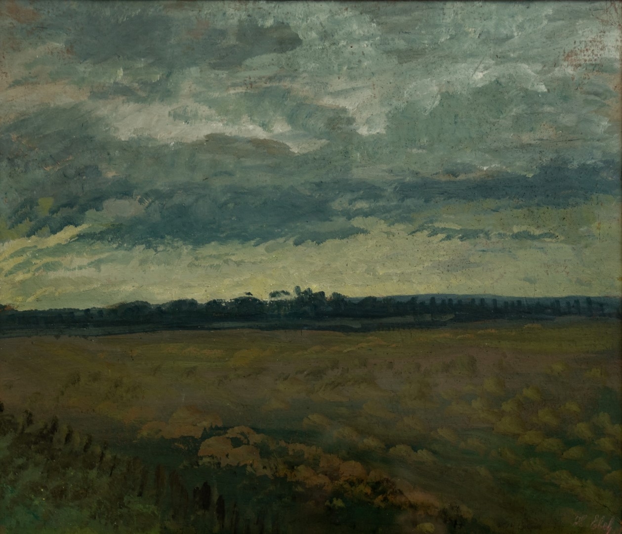 Paysage sous ciel de nuages, date illisible,  tempera sur carton, 38x45 cm, collection particulière.