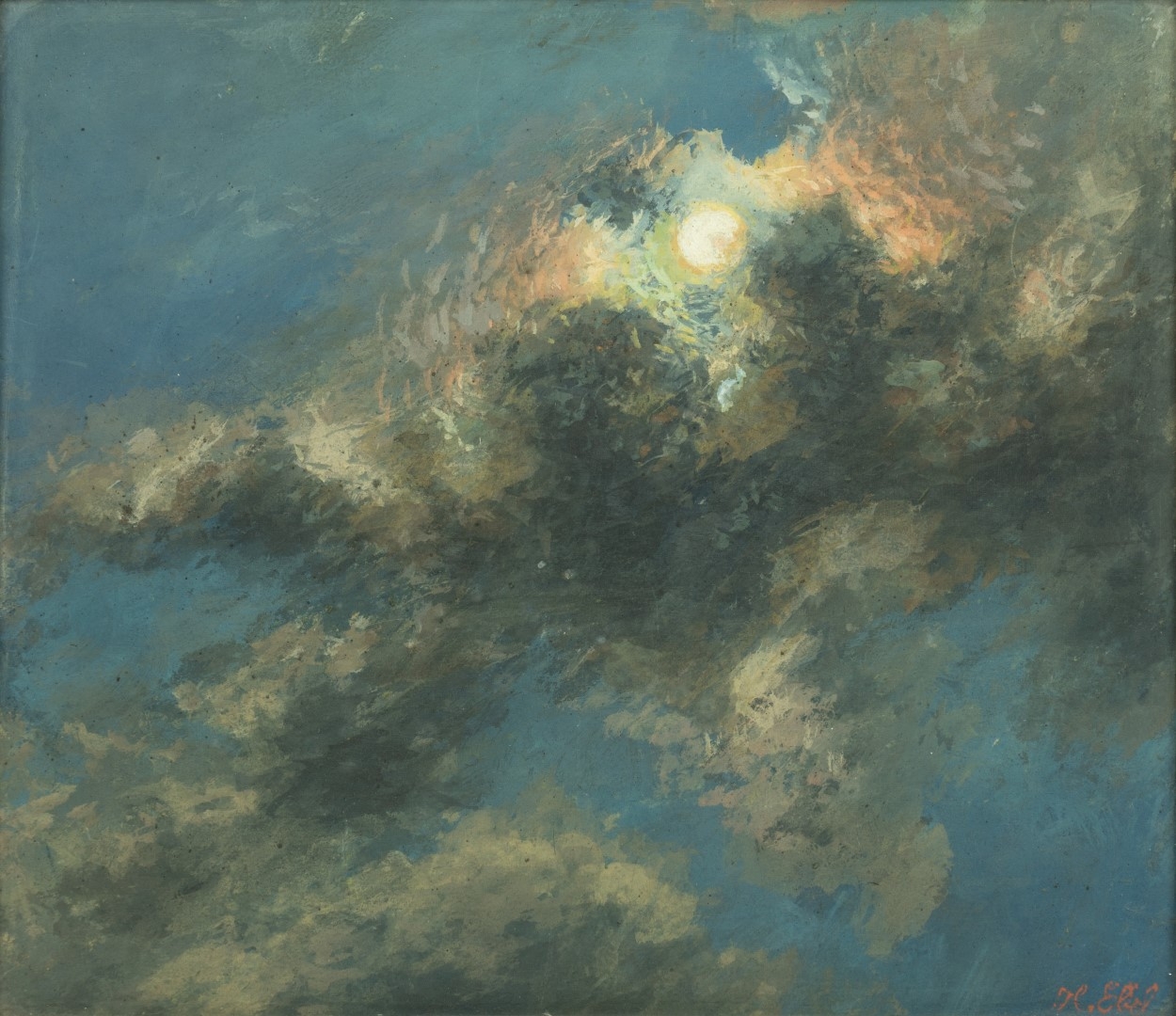 Lune et nuages à cache -cache, tempera sur carton, 26x30 cm, collection particulière.