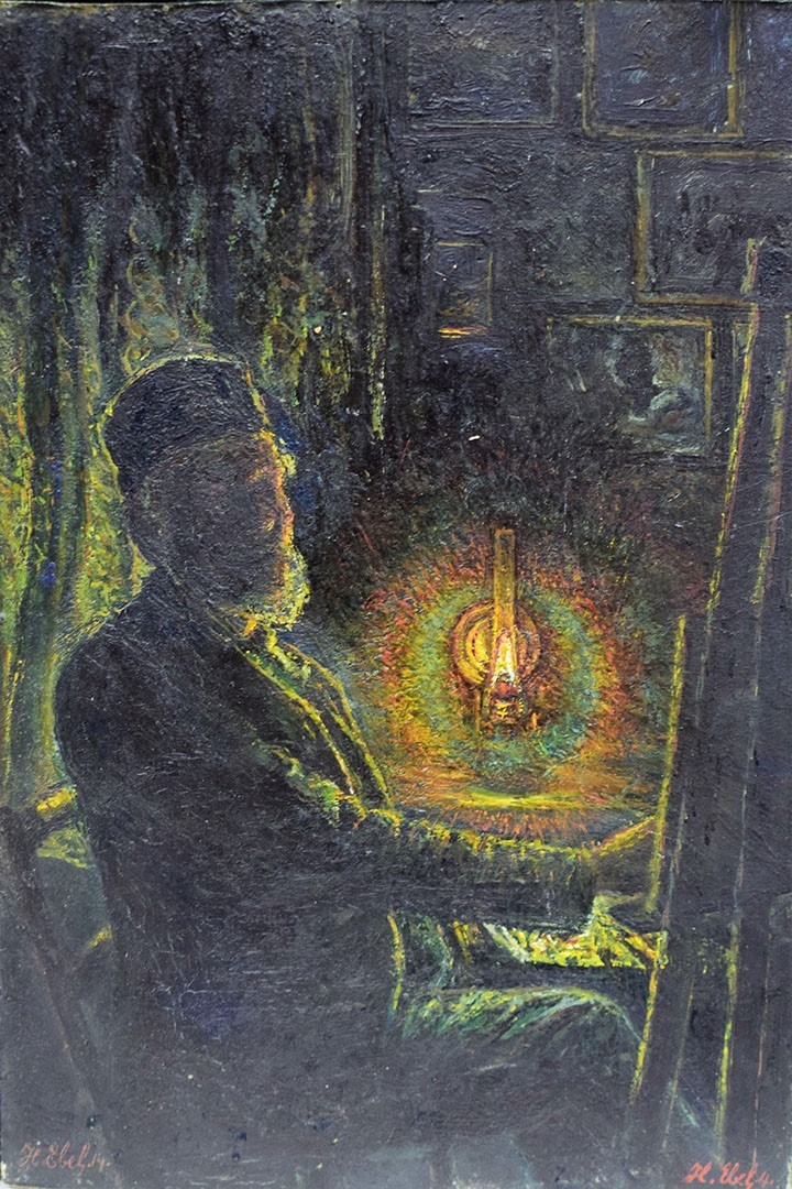 Autoportrait, peintre à la Lampe à pétrole 24.5x35 cm, recto d'un coucher de soleil, tempera, Karnerz art Luxembourg;