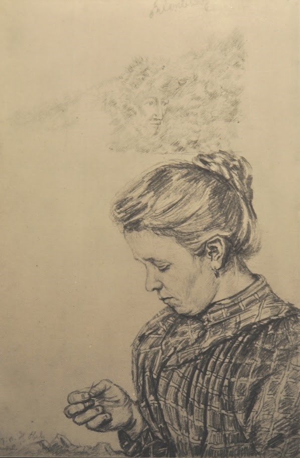 Femme rêvant en cousant, crayon sur papier,18x12 cm, collection particulière.