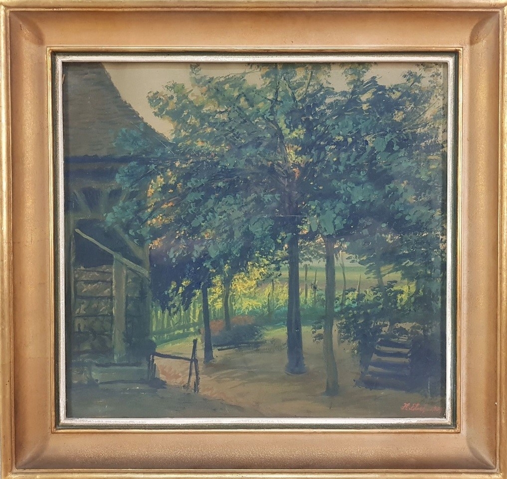 Jardin arboré et remise de bois, tempera, source: Hôtel des ventes des notaires.