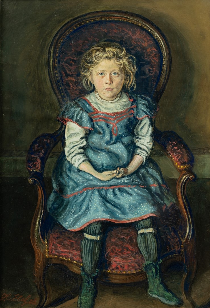 Petite nièce (Anne Barbe)  dans fauteuil, 1908, tempera sur carton, 32,5x24, collection particulière.