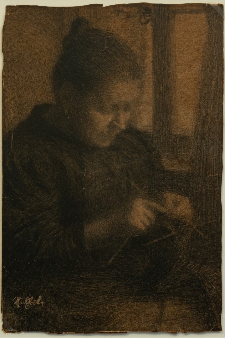 Tricoteuse de chaussettes, crayon sur carton, 36x29 cm, collection particulière.