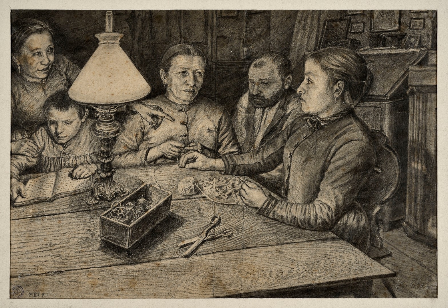 Veillée en famille, crayon sur carton, Musées de Strasbourg, Photo M Bertola.