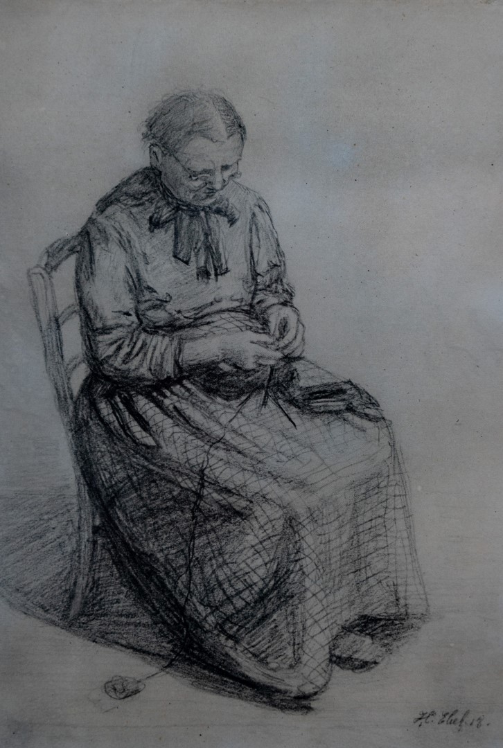 Vieille femme tricotant,1918, crayon sur carton, 18x12cm, collection particulière.